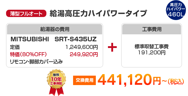 薄型フルオート：給湯高圧力ハイパワータイプ MITSUBISHI SRT-S435UZ ［441,120円～］